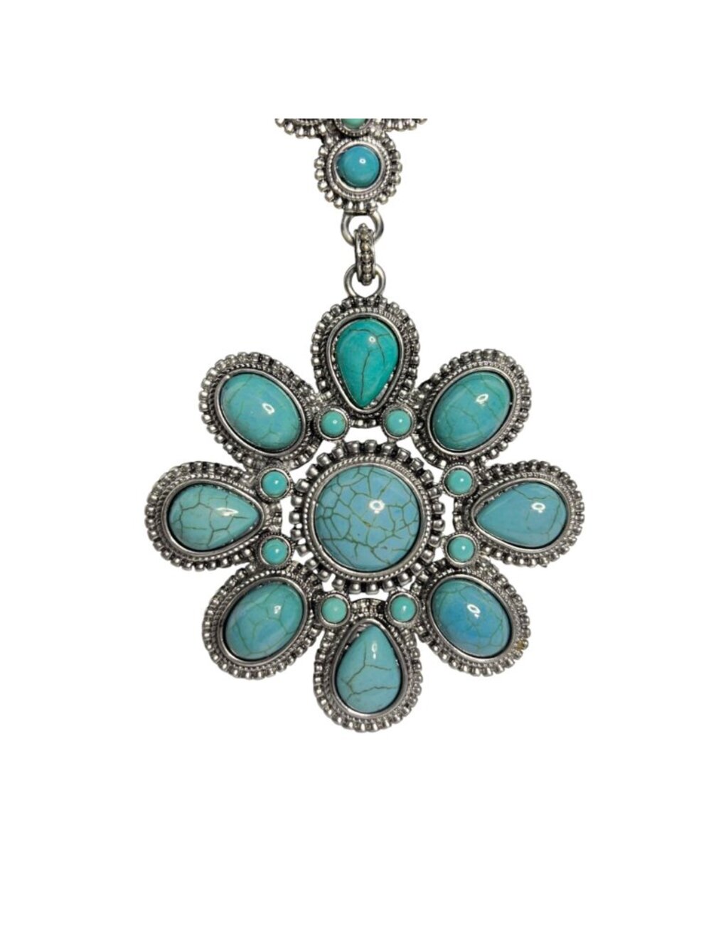 RJ Graziano Silver Tone And Faux Turquois Necklace With Flower Pendant (6321) - Picture 3 of 8